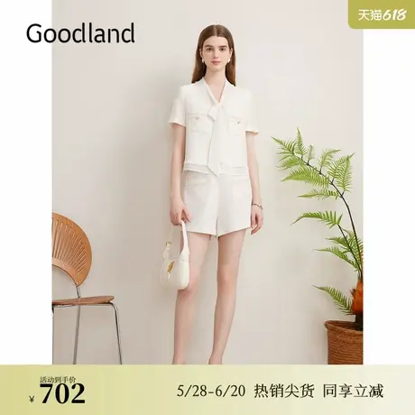 Goodland美地女装夏季法式小香风气质飘带领绞花衬衫上衣商品大图