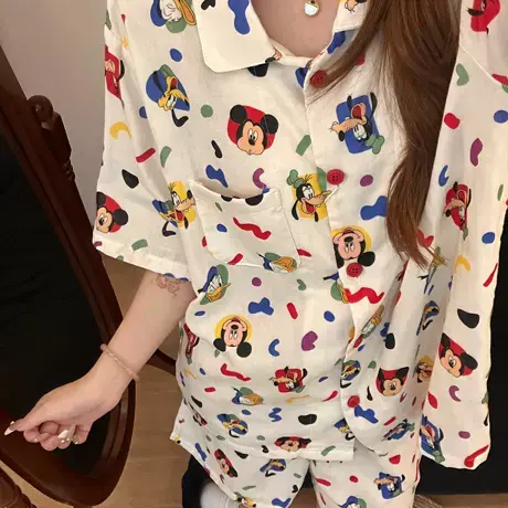 新款！白底米奇纯棉双层纱布可爱卡通印花短袖短裤睡衣家居服图片