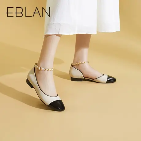 伊伴2023夏季羊皮女鞋小香风时装半凉拼接平底小凉鞋B23200350图片