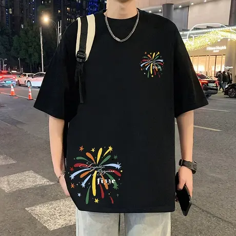 短袖t恤男士夏季2025新款纯棉重磅潮牌潮流青少年宽松半袖上衣服商品大图