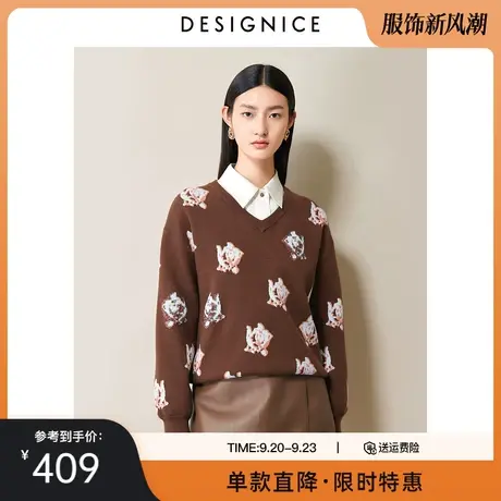 商场同款迪赛尼斯春秋新款套头印花宽松外搭V领长袖针织衫女图片