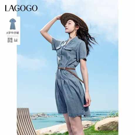 LAGOGO翻领柔软牛仔连衣裙女拉谷谷2025年夏季新款收腰显瘦A字裙图片