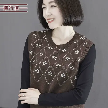 2023冬季新款简约休闲纯色圆领提花宽松马甲毛衣女装外穿上衣大码图片