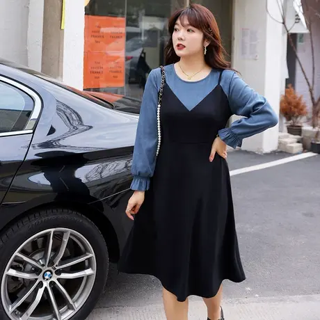 绮娑大码女装2023秋季新款法式假两件胖MM显瘦遮肉气质长款连衣裙图片