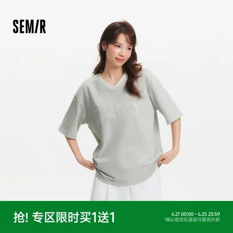 森马短袖T恤女中长款V领蕾丝绣花2025新款oversize上衣blokecore图片