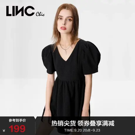 LINCCHIC金羽杰新款连衣裙V领泡泡袖高腰法式连衣裙女S222DR243图片