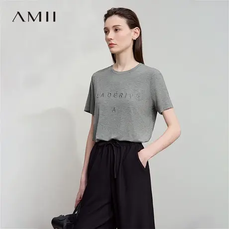 Amii2025秋新款休闲学院风圆领弹力合肩短袖合体直筒字母刺绣T恤图片
