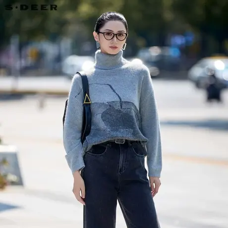sdeer圣迪奥冬季女装罗纹高领水墨晕染宽松针织衫S24483513商品大图