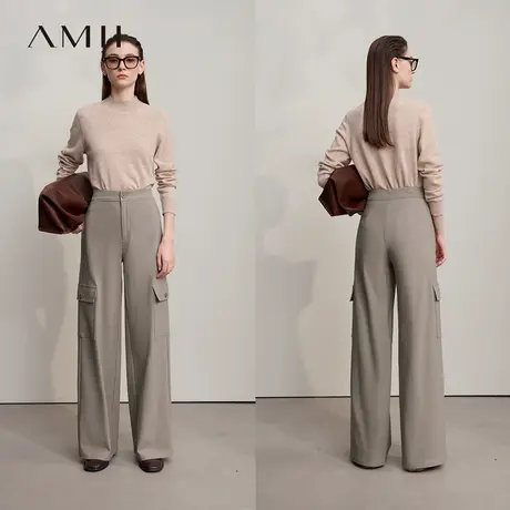 Amii2025秋新款帅气工装风休闲长裤阔腿裤女简洁舒适弹力宽松裤子图片