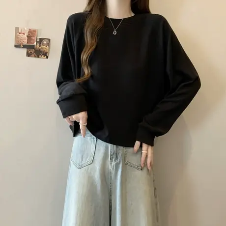 黑色高级感插肩长袖T恤女春秋宽松韩版内搭打底衫短款正肩上衣服图片