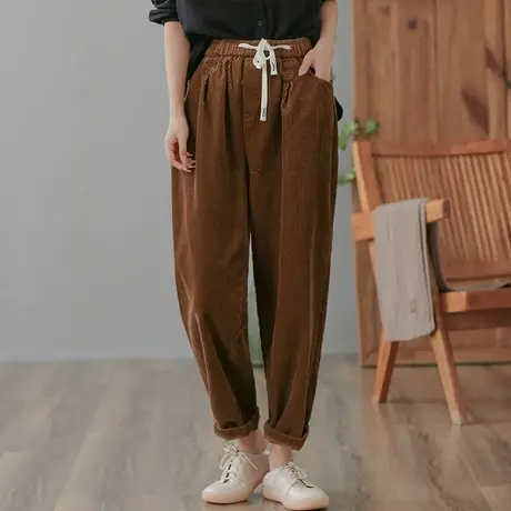 dza 高腰显瘦灯芯绒长裤女春秋抽绳宽松阔腿裤休闲哈伦裤纯色女裤商品大图