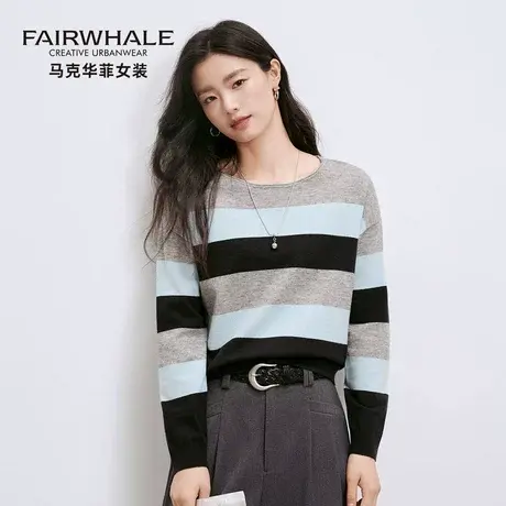 马克华菲复古拼色圆领针织衫女2025新款秋季内搭宽松设计感打底衫商品大图