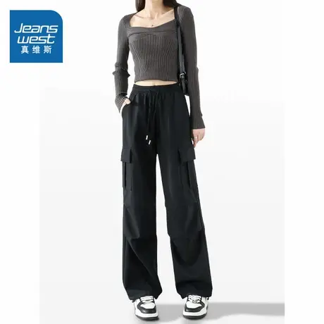 NOW真维斯黑色工装裤女款2025新款春秋季运动休闲登山裤伞兵裤商品大图