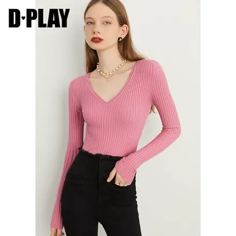 DPLAY【惠品】秋新草莓果酱粉软糯V领针织上衣内搭打底衫粉色毛衣商品大图