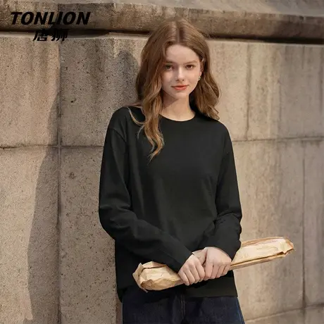 唐狮官方黑色长袖上衣女2026新款春秋款女士纯棉内搭打底衫上衣VB商品大图