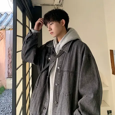 oversize牛仔外套男士春秋季潮牌美式复古款潮流休闲宽松翻领夹克商品大图