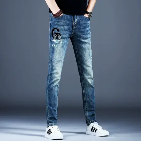 秋款复古做旧烫钻花破洞牛仔裤男款小脚修身潮流裤子男士美式高街商品大图