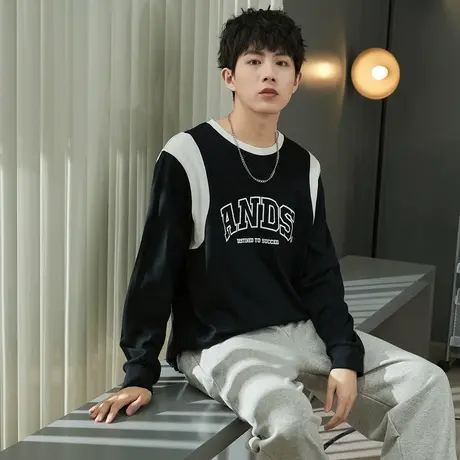 唐狮运动风长袖T恤男士春秋印花拼接宽松学生圆领上衣男士打底衫商品大图