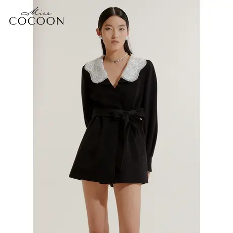 COCOON商场同款2023秋冬新款法式蕾丝领绵羊毛毛呢连衣裙商品大图