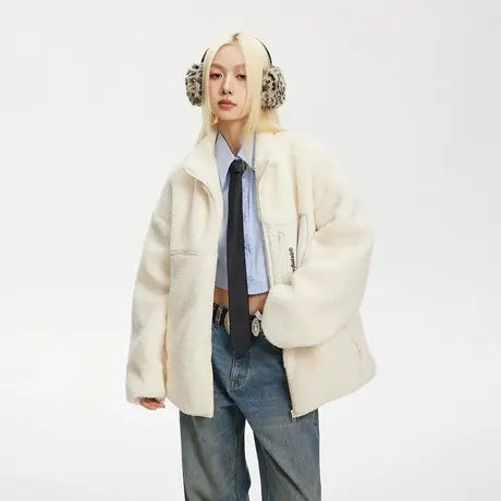 街头机车风立领保暖棉服女冬季羊羔毛外套2023年新款复古宽松棉衣商品大图