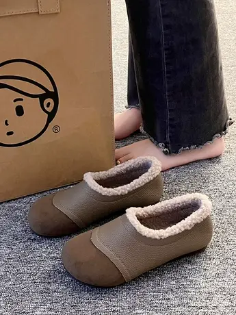 2023冬季新款复古加绒平底一脚蹬保暖妈妈豆豆鞋女磨砂乐福棉鞋商品大图