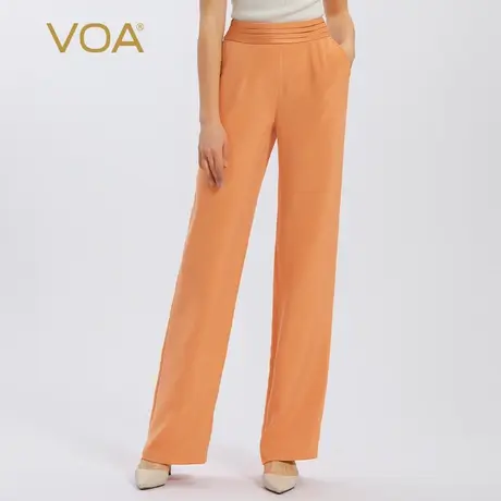 VOA30姆米重磅真丝自然腰斜宽松透气休闲百搭橙色直筒桑蚕丝长裤商品大图