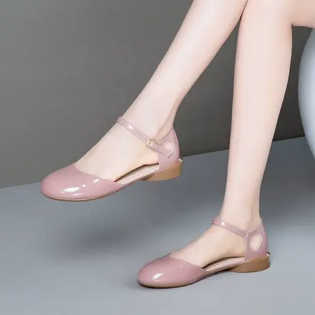 平跟包头凉鞋女夏季新款真皮罗马女鞋粗跟百搭一字带圆头中空单鞋商品大图