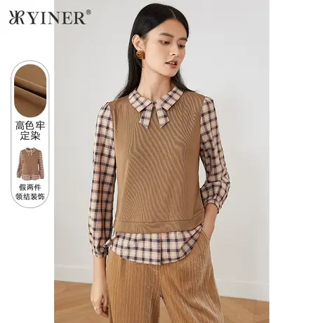 YINER音儿奥莱女装秋季假两件蝴蝶结领显瘦毛针织衫商品大图