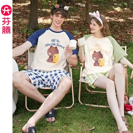 芬腾布朗熊纯棉情侣睡衣女夏季短袖薄款韩版男士可外穿家居服套装商品大图