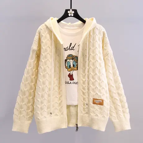 连帽麻花毛衣外套女2023新款韩版宽松外穿慵懒风百搭拉链针织开衫商品大图