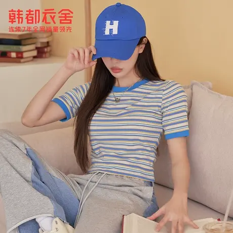 韩都衣舍撞色条纹T恤2024夏季新款韩版修身显瘦短袖上衣DX0048商品大图