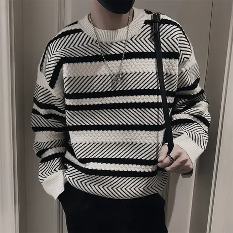轻熟风冬款毛衣男ins设计感软糯休闲撞色条纹针织衫保暖内搭线衣商品大图