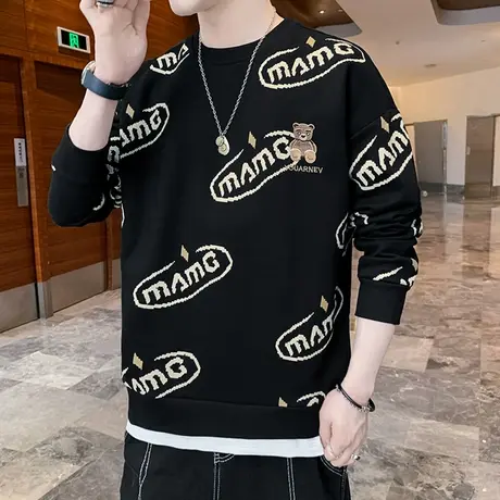 卫衣男士秋季新款情侣上衣黑色印花圆领长袖T恤套头运动服女图片