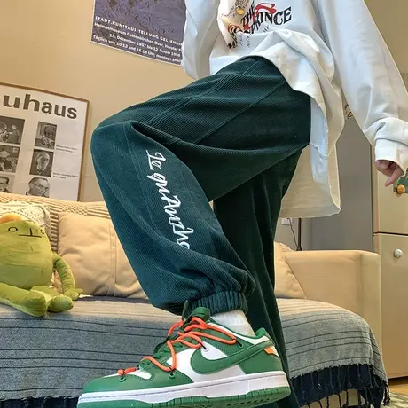 港风垂感灯芯绒裤子男春秋季刺绣宽松束脚长裤潮流百搭运动休闲裤商品大图