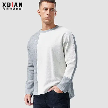 撞色拼接卫衣男圆领纯棉宽松无帽套头纯色秋冬季重磅长袖T恤商品大图