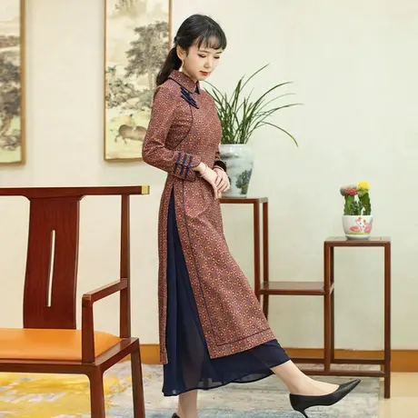 筠雅改良旗袍年轻款气质高端女小个子长袖秋季2025年新款长裙子商品大图