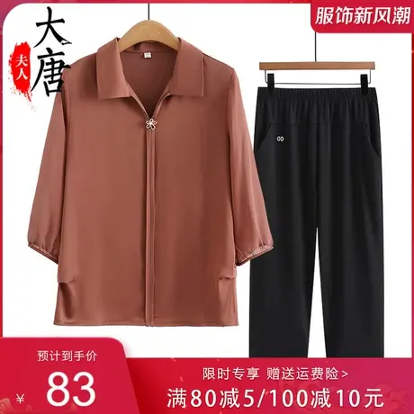 中老年妈妈夏季纯色雪纺T恤女奶奶装中袖洋气老人太太七分袖翻领图片