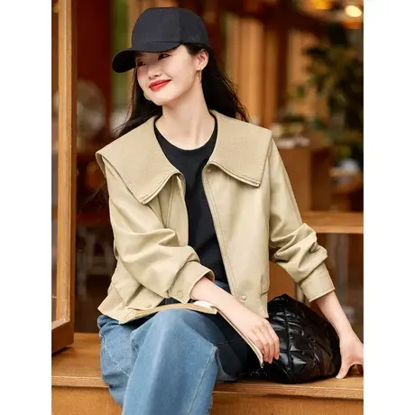 时尚气质短外套2023年秋季新款女装百搭休闲长袖翻领短款皮衣商品大图