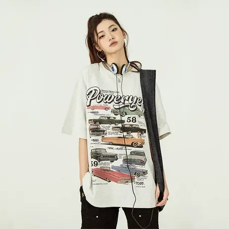 美式复古短袖t恤女2024新款夏季宽松纯棉半袖ins潮牌百搭汽车上衣商品大图