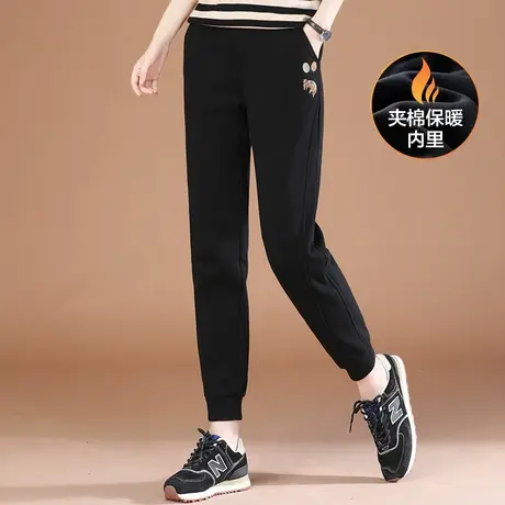 韩潮袭人松紧腰刺绣加绒束脚运动裤女2023冬季新款哈伦休闲卫裤子图片
