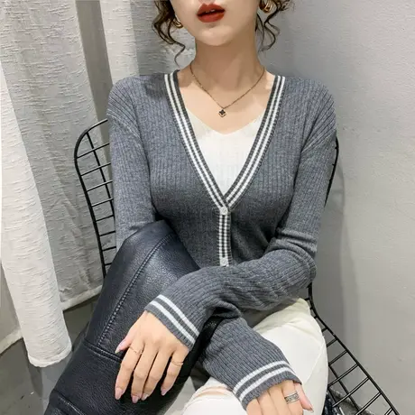 v领假两件针织开衫女套头2023秋装韩版新款宽松外穿上衣内搭毛衣图片