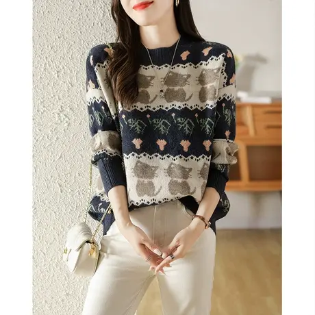 圆领套头针织衫女秋冬季2023新款卡通毛衣打底衫宽松慵懒风外穿商品大图