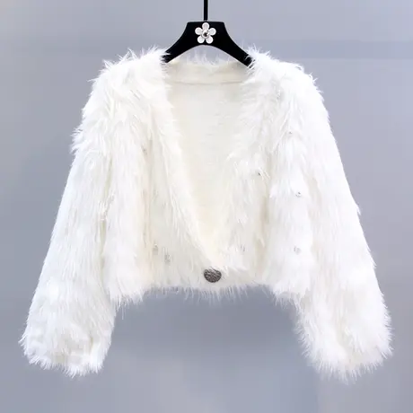 钉珠一粒扣水貂绒毛衣外套女秋冬2023新款日系宽松短款针织开衫图片