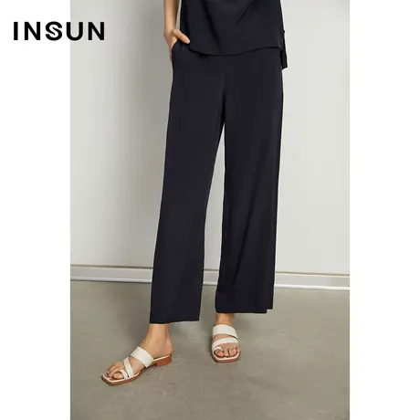 INSUN恩裳侧边装饰边垂感宽松桑蚕丝休闲裤商品大图