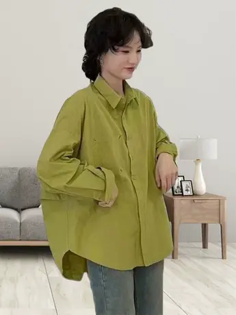 2023春季新款中长款纯色衬衫女宽松韩版小众设计感刺绣休闲棉衬衣商品大图