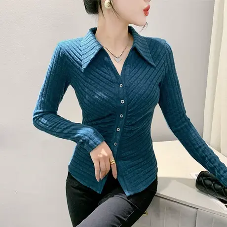 秋冬2024新款褶皱衬衫性感POLO领交叉下摆开衫长袖性感修身针织衫商品大图