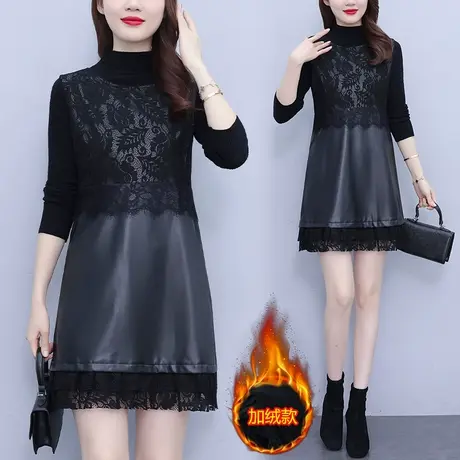 中长款加绒加厚蕾丝接拼皮衣打底衫女2023冬季新款时尚两件套裙子图片