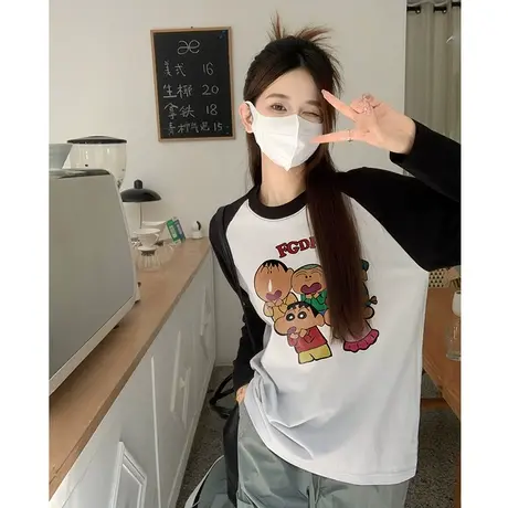 秋冬打底衫长袖宽松纯棉百搭纯棉2023秋冬新款插肩印花长袖t恤女商品大图