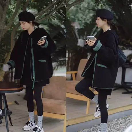 冬季羊羔毛绒绒外套女潮ins撞色皮毛一体加厚中长款宽松开衫上衣图片