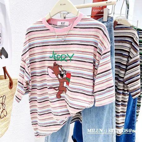 粉色条纹短袖2023夏季韩国东大门ins甜美减龄洋气上衣打底T恤大码图片